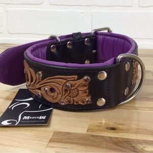 Mad Cow genuine leather contemporary western dog collar handmade brown purple